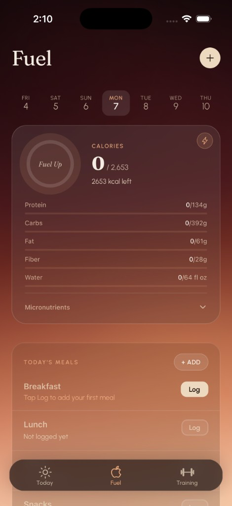 Wren Fuel screen for nutrition guidance
